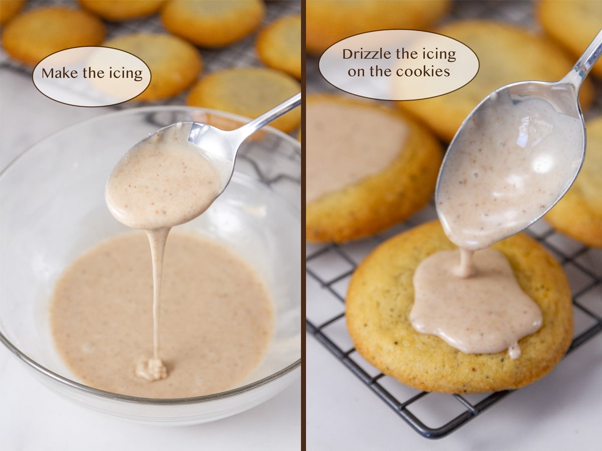 prepared icing in a glass bowl on left and icing a cookie on right.